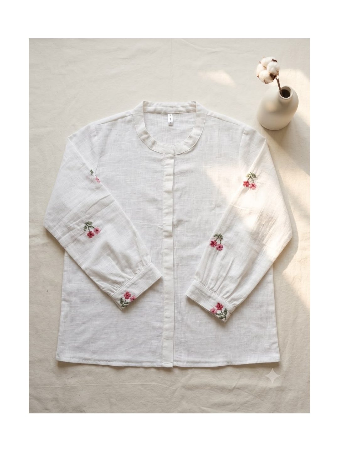 Cotton White With Cuff Cross Stich Embroidery Sleevs